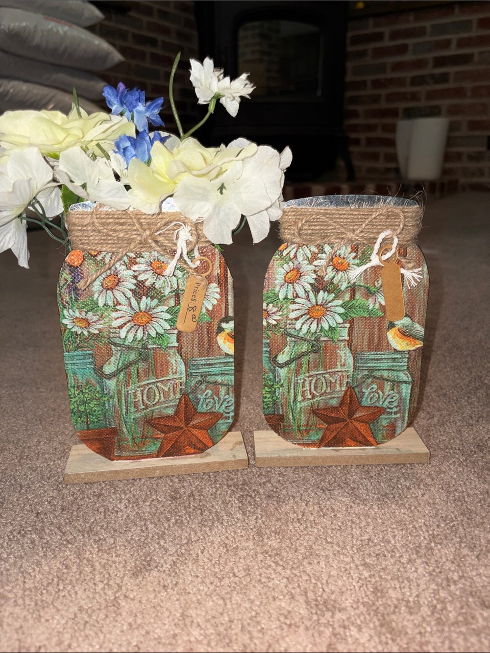 Rustic Daisy Mason Jar Decorative Accent Pair - Cream & Green